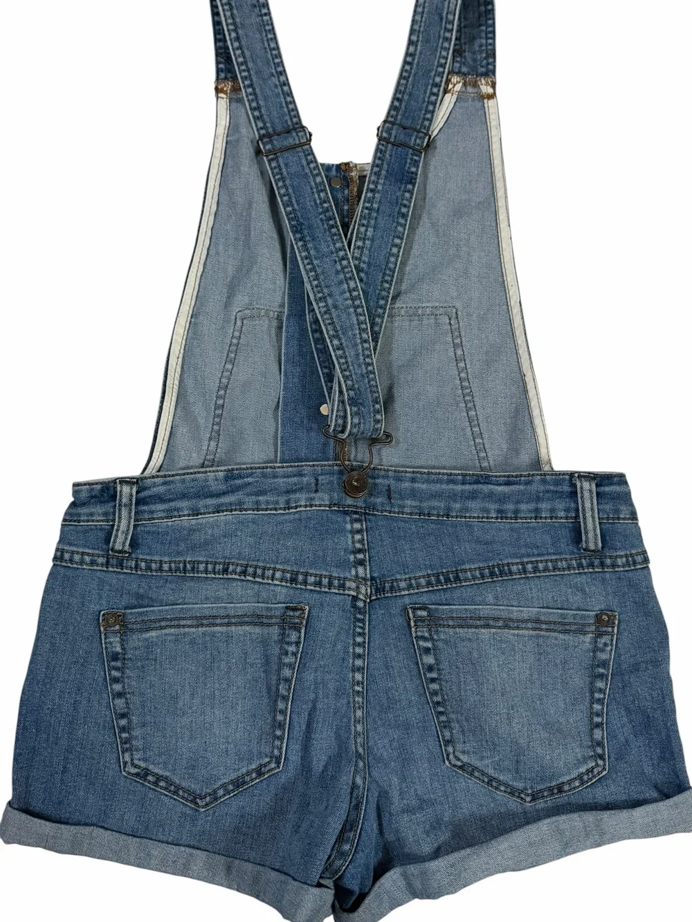 Free People Size 26 Denim Overall Shorts Open Back Button Front Boho Festival